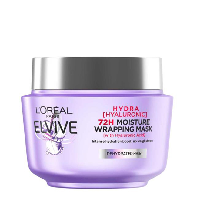 L'OrealElviveHydraHyaluronic72hHydrationMask300ml Jar of LOreal Elvive Hydra Hyaluronic 72h Hydration Mask by LOreal, a hair mask indicated for dehydrated hair.
