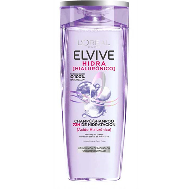 L'OrealElviveHydraHyaluronic72hHydrationShampoo690ml Bottle of LOreal Elvive Hydra Hyaluronic 72h Hydration Shampoo by LOreal, a shampoo indicated for dehydrated hair.