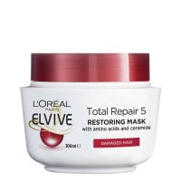 Jar  of  LOreal  Elvive  Total  Repair  5  Repairing  Mask  by  LOreal,  a  hair  mask  indicated  for  damaged  hair.