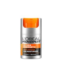 Product  container  of  LOreal  Men  Expert  Hydra  Energetic  Moisturizer  by  LOreal  Paris,  a  gel  indicated  for  hydrating  skin  and  beard.