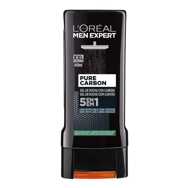 L'OrealMenExpertPureCarbonShowerGel5-in-1400ml Bottle of LOreal Men Expert Pure Carbon Shower Gel by LOreal, a 5-in-1 gel indicated for deep cleansing and moisturizing the skin.
