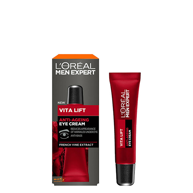 L'OrealMenExpertVita-LiftAnti-AgingEyeCream15ml Tube of LOreal Men Expert Vita-Lift Anti-Aging Eye Cream by LOreal, a moisturizing cream for wrinkles and dark circles around eyes.