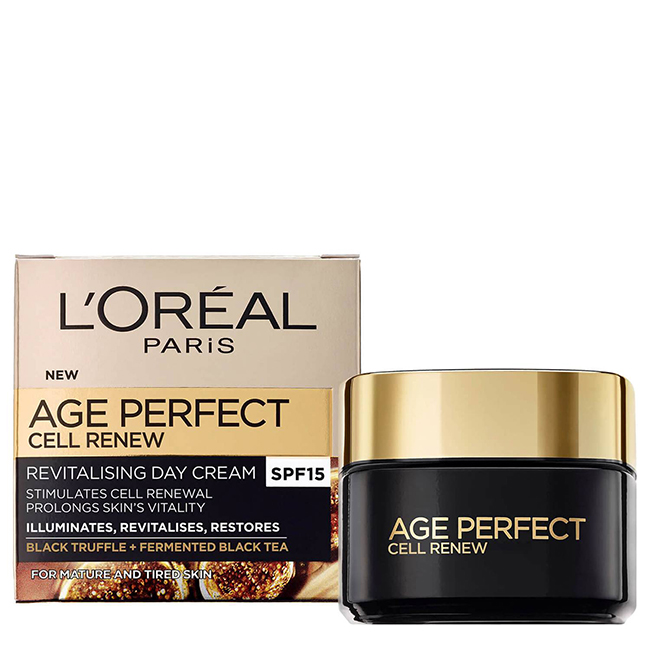 L'OrealParisAgePerfectCellRenewalSPF15DayCream50ml Jar of LOreal Paris Age Perfect Cell Renewal SPF15 Day Cream by LOreal Paris, a cream indicated for brightening and SPF15 protection.
