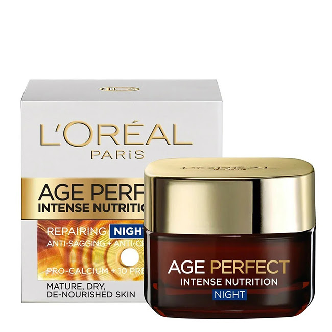 L'OrealParisAgePerfectIntenseNutritionNightCream50ml Jar of LOreal Paris Age Perfect Intense Nutrition Night Cream by LOreal Paris, a rich cream indicated for overnight skin repair.