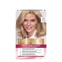 Box  of  LOréal  Paris  Excellence  Crème  9.1  Natural  Light  Ash  Blonde  by  LOréal  Paris,  a  hair  color  for  gray  coverage.