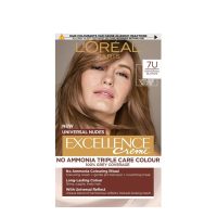 Box  of  LOréal  Paris  Excellence  Universal  Nudes  Crème  7U  Blonde  by  LOréal  Paris,  a  permanent  tint  for  gray  hair  coverage.