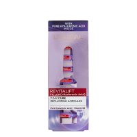 Box  of  LOreal  Paris  Revitalift  Filler  Replumping  Ampoules  by  LOreal,  a  serum  indicated  for  restoring  skin  volume  and  hydration.