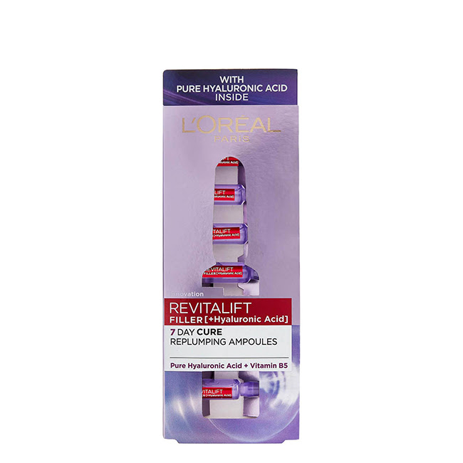 L'OrealParisRevitaliftFillerReplumpingAmpoulesx7 Box of LOreal Paris Revitalift Filler Replumping Ampoules by LOreal, a serum indicated for restoring skin volume and hydration.