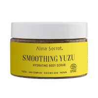 Jar  of  Alma  Secret  Smooothing  Yuzu  Body  Scrub  by  Alma  Secret,  a  body  scrub  indicated  for  skin  exfoliation  and  renewal.