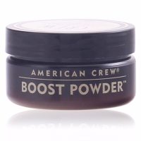 Product  container  of  American  Crew  Boost  Powder  by  American  Crew,  a  volume  powder  indicated  for  adding  thickness  and  lift  to  hair.