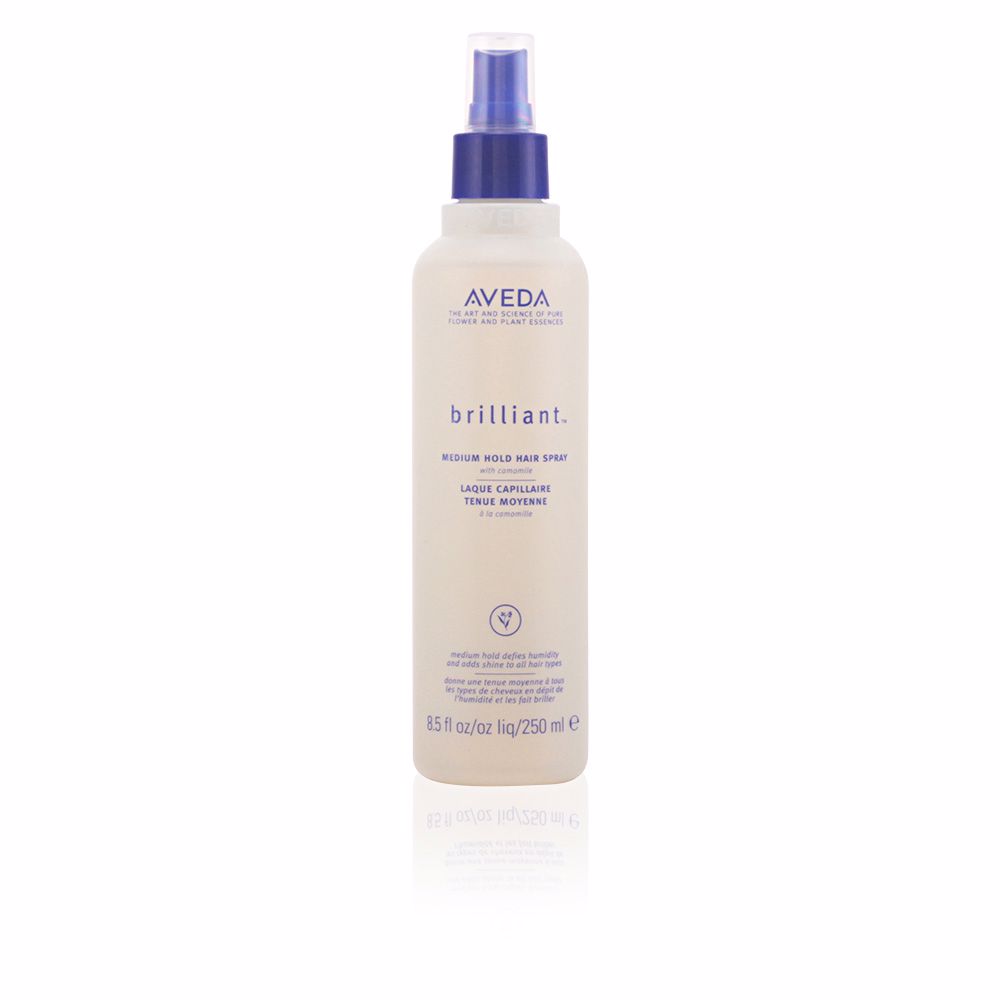 AvedaBrilliantHairSpray250ml Spray of Aveda Brilliant Hair Spray by Aveda, a medium hold hair spray indicated for adding shine and definition to all hair types.
