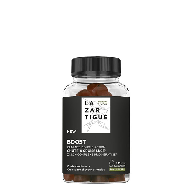 LazartigueBoostGummiesx60 Box of Lazartigue Boost Gummies by Lazartigue, a food supplement indicated for slowing hair loss and stimulating hair growth.