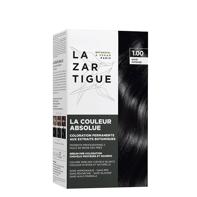 LazartigueLaCouleurAbsoluePermanentHaircolor1.00Black Box of La Couleur Absolue Permanent Haircolor 1.00 Black by Lazartigue, a permanent dye indicated for full gray coverage and shine.
