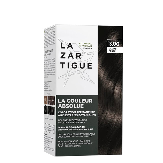 LazartigueLaCouleurAbsoluePermanentHaircolor3.00DarkChestnut Box of La Couleur Absolue Permanent Haircolor 3.00 Dark Chestnut by Lazartigue, a permanent dye indicated for full gray coverage.