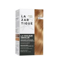 Box  of  La  Couleur  Absolue  Permanent  Haircolor  8.30  Light  Golden  Blonde  by  Lazartigue,  a  hair  dye  indicated  for  gray  hair  coverage.