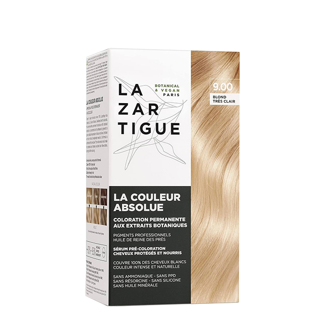 LazartigueLaCouleurAbsoluePermanentHaircolor9.00VeryLightBlonde Box of La Couleur Absolue Permanent Haircolor 9.00 Very Light Blonde by Lazartigue, a hair dye indicated for gray hair coverage.