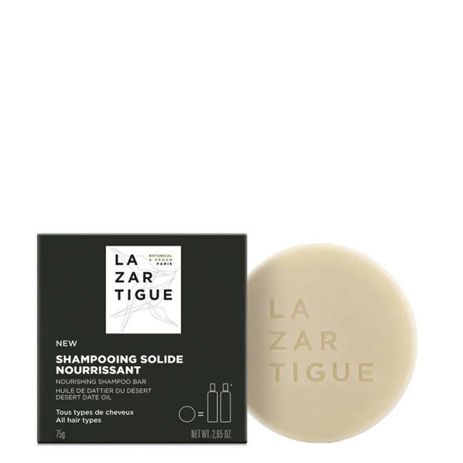 LazartigueSolidShampoo75g Product container of Solid Shampoo by Lazartigue, a vegan solid cleanser indicated for moisturizing and nourishing all hair types.