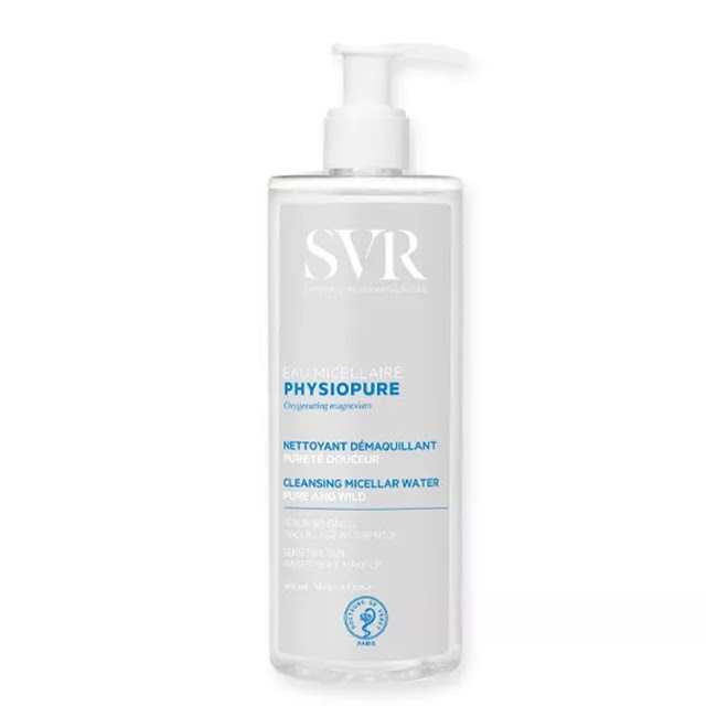SVRPhysiopureCleansingMicellarWater400ml Bottle of SVR Physiopure Cleansing Micellar Water by SVR, a micellar water indicated for cleansing and purifying sensitive skin.
