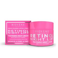 Jar  of  Biovène  Retinol  Night  Lift  Tightening  Night  Cream  by  Biovène,  a  night  cream  indicated  for  restoring  firmness  and  reducing  lines.