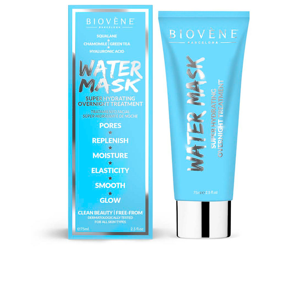 BiovèneWaterMaskSuperHydratingOvernightTreatment75ml Product container of Biovène Water Mask Super Hydrating Overnight Treatment by Biovène, a water mask indicated for skin hydration.