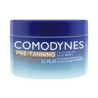 Product  container  of  Comodynes  My  Radiance  Tan-Preparing  Scrub  by  Comodynes,  a  body  scrub  indicated  for  exfoliating  the  skin.