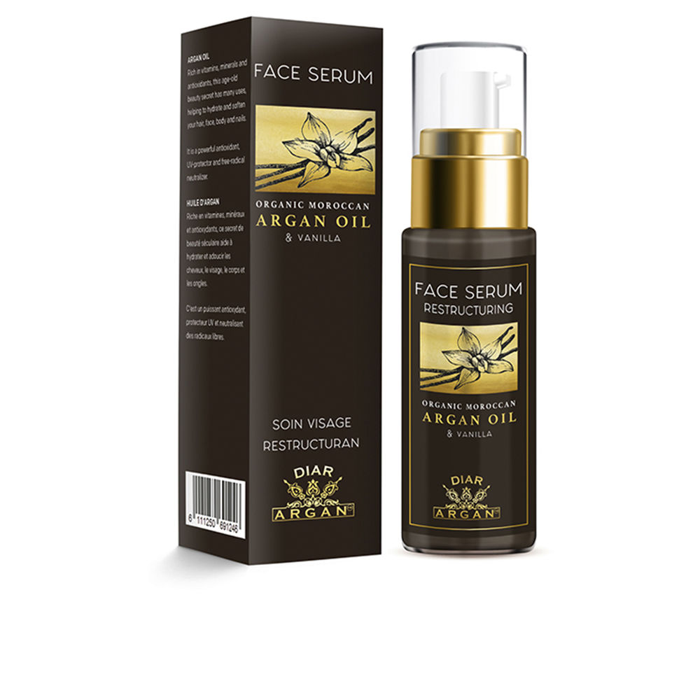 DiarArganRestructuringFacialSerumPureArganAndVanilla30ml Bottle of Diar Argan Restructuring Facial Serum by Diar Argan, a facial serum indicated for nourishing and revitalizing the skin.