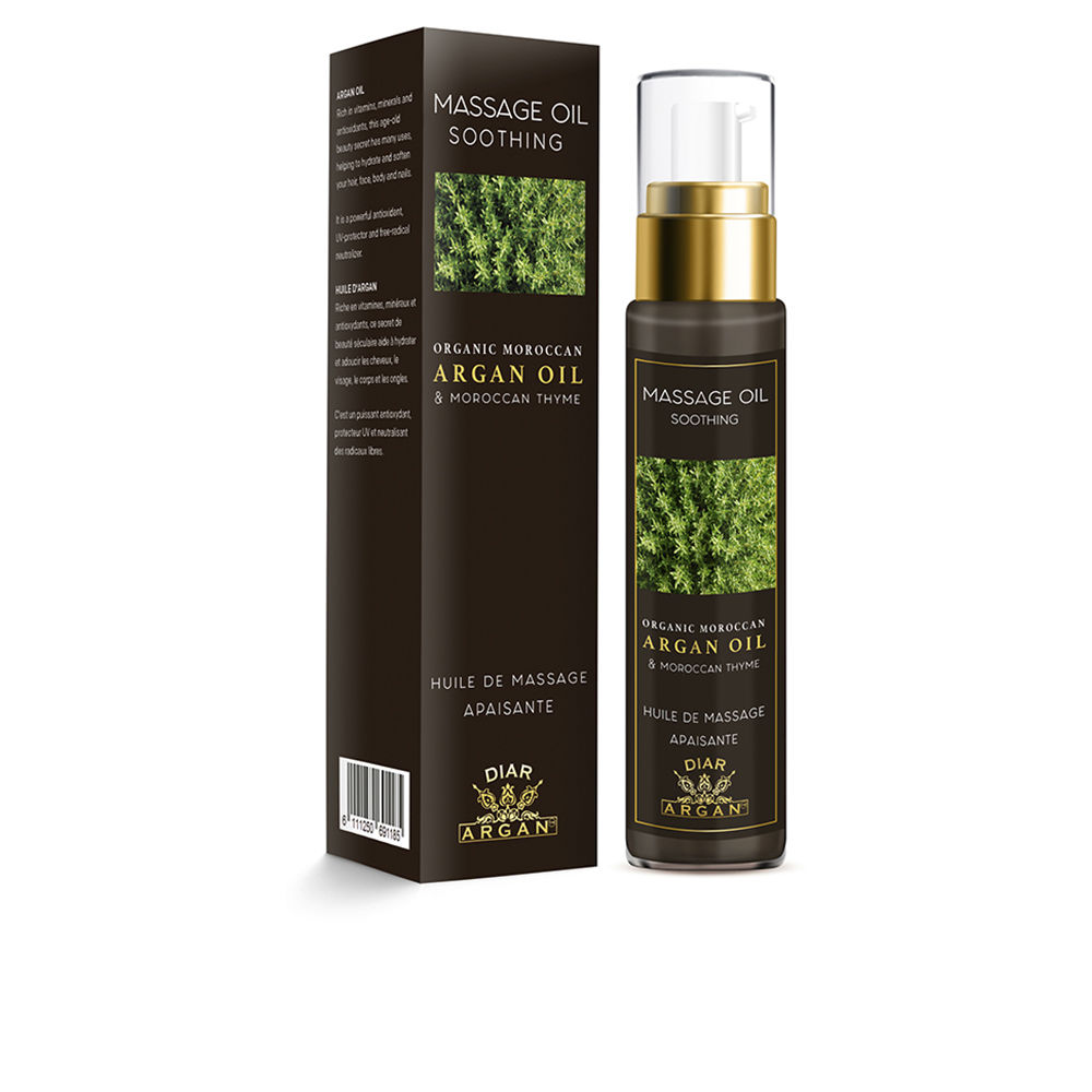 DiarArganSoothingOilForMassageOfArganWithThyme50ml Bottle of Diar Argan Soothing Oil by Diar Argan, a body oil indicated for relieving arthritis pain and muscle tension.