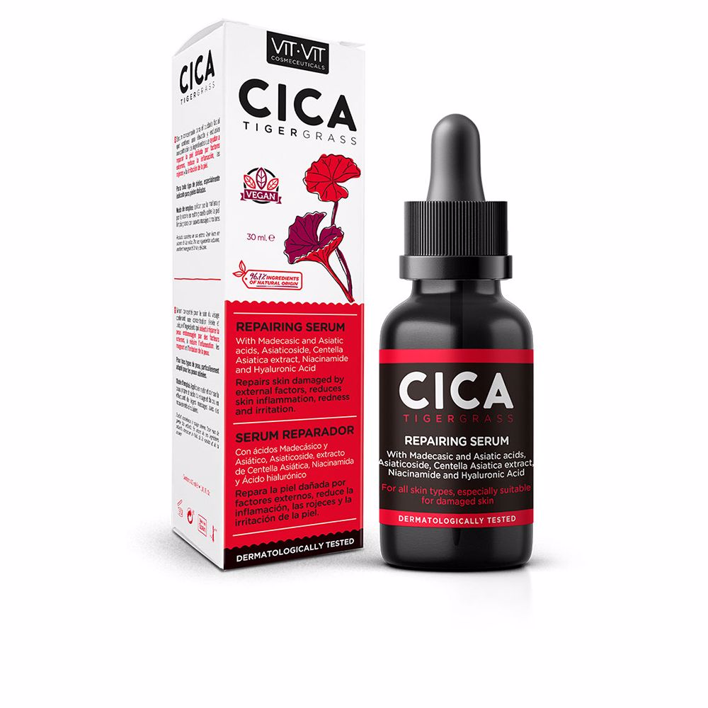 DietEstheticVitVitCosmeceuticalsCicaTigergrassSerum30ml Bottle of Diet Esthetic Vit Vit Cosmeceuticals Cica Tigergrass Serum by Diet Esthetic, a serum indicated for repairing damaged skin.