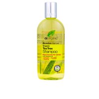 Bottle  of  Dr.  Organic  Bioactive  Organic  Tea  Tree  Shampoo,  a  purifying  shampoo  indicated  for  cleansing  and  balancing  oily  hair.