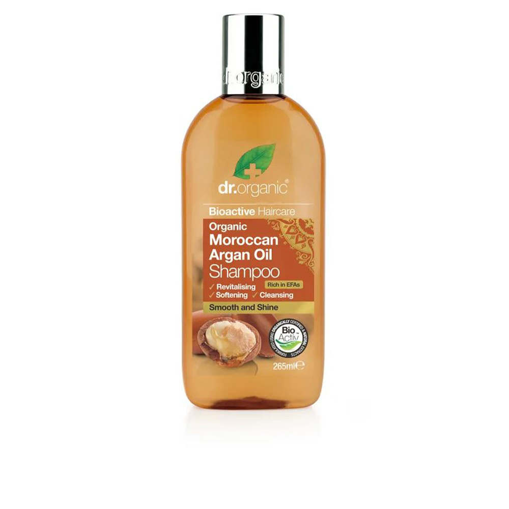 Dr.OrganicMoroccanArganOilShampoo265ml Bottle of Dr. Organic Moroccan Argan Oil Shampoo, a revitalizing shampoo indicated for cleansing and softening thin or dry hair.