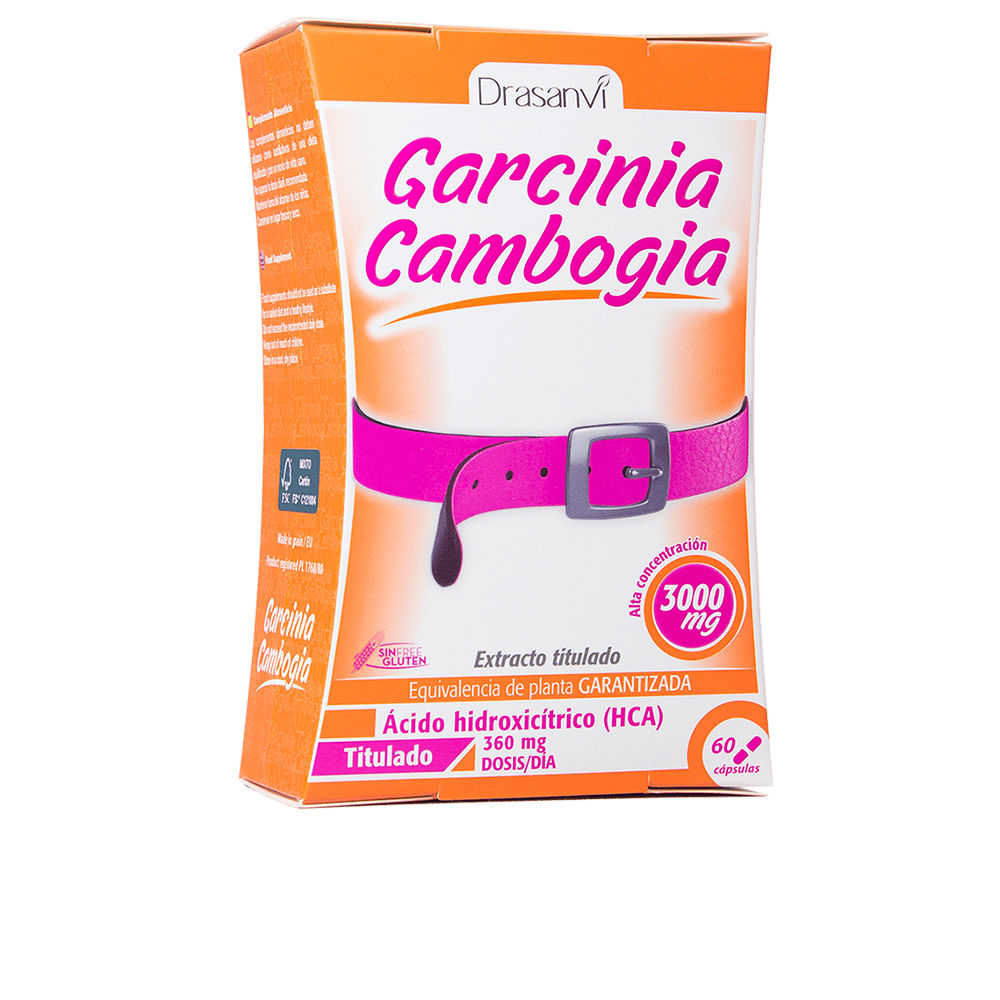 DrasanviGarciniaCambogiaCapsulesx60 Box of Drasanvi Garcinia Cambogia Capsules, a dietary supplement indicated for promoting weight loss and reducing appetite.