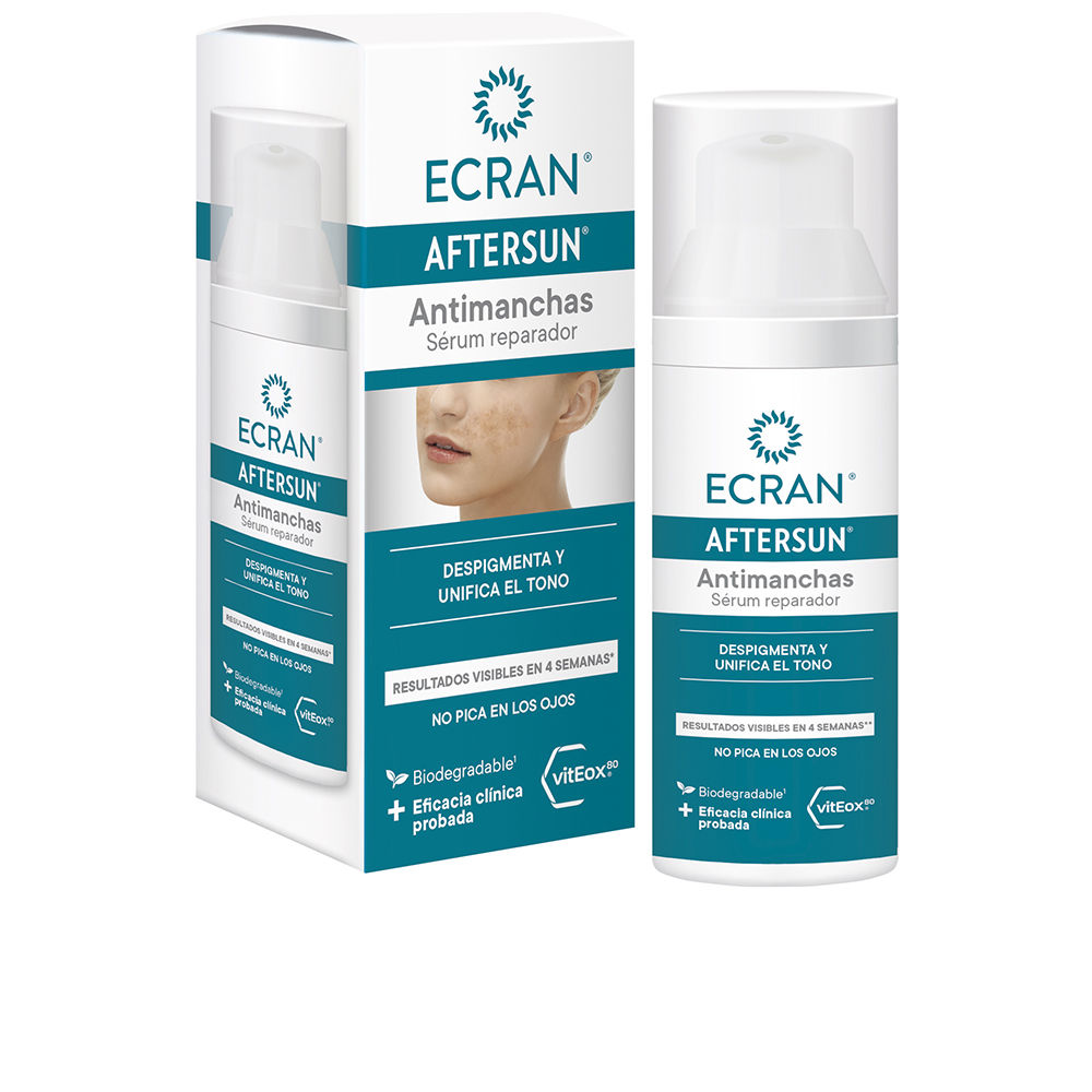 EcranAftersunAnti-SpotsRepairSerum50ml Bottle of Ecran Aftersun Anti-Spots Repair Serum by Ecran, a serum indicated for depigmenting and evening out the skin tone.