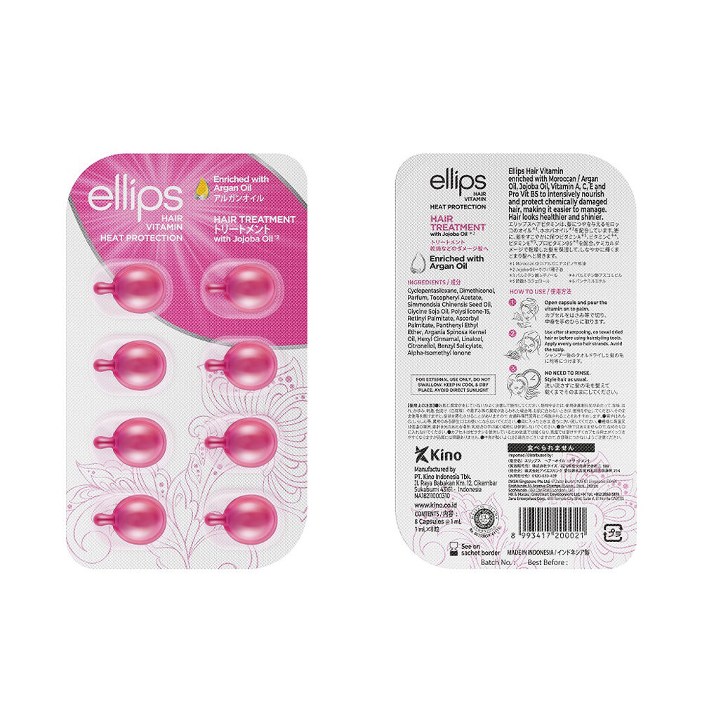 EllipsHairTreatmentHairVitaminx8 Product container of Ellips Hair Treatment Hair Vitamin by Ellips, a hair oil indicated for frizz control and heat protection.