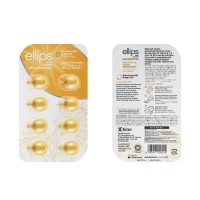 Product  container  of  Ellips  Smooth  &  Shiny  Hair  Vitamin  by  Ellips,  a  hair  oil  indicated  for  nourishing  and  softening  the  hair.