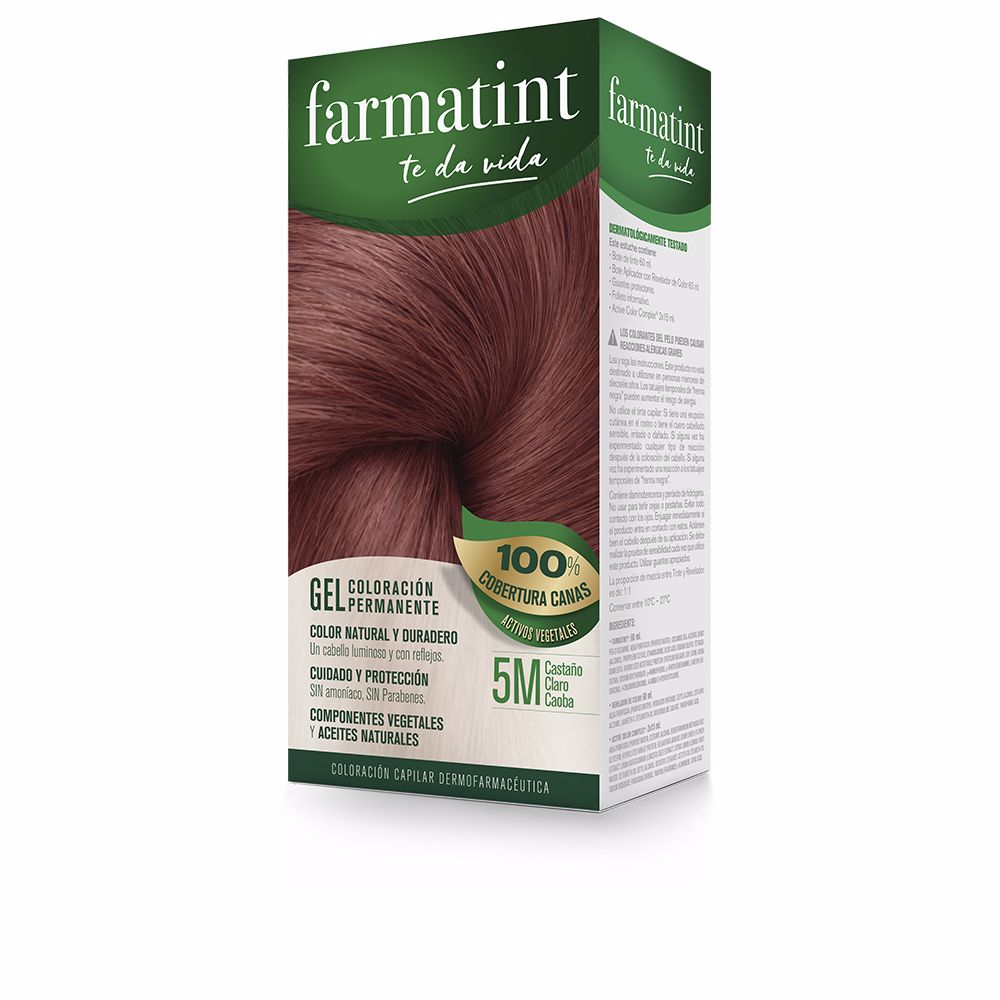 FarmatintGelHairColor5MLightBrownMahogany Box of Farmatint Gel Hair Color 5M Light Brown Mahogany by Farmatint, a permanent gel indicated for covering gray hair.