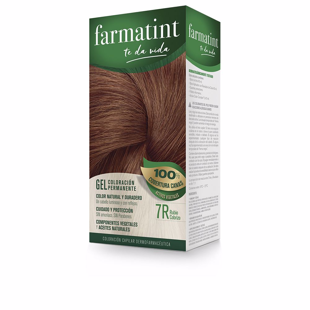 FarmatintGelHairColor7RCopperBlonde Box of Farmatint Gel Hair Color 7R Copper Blonde by Farmatint, a permanent gel indicated for covering gray hair.