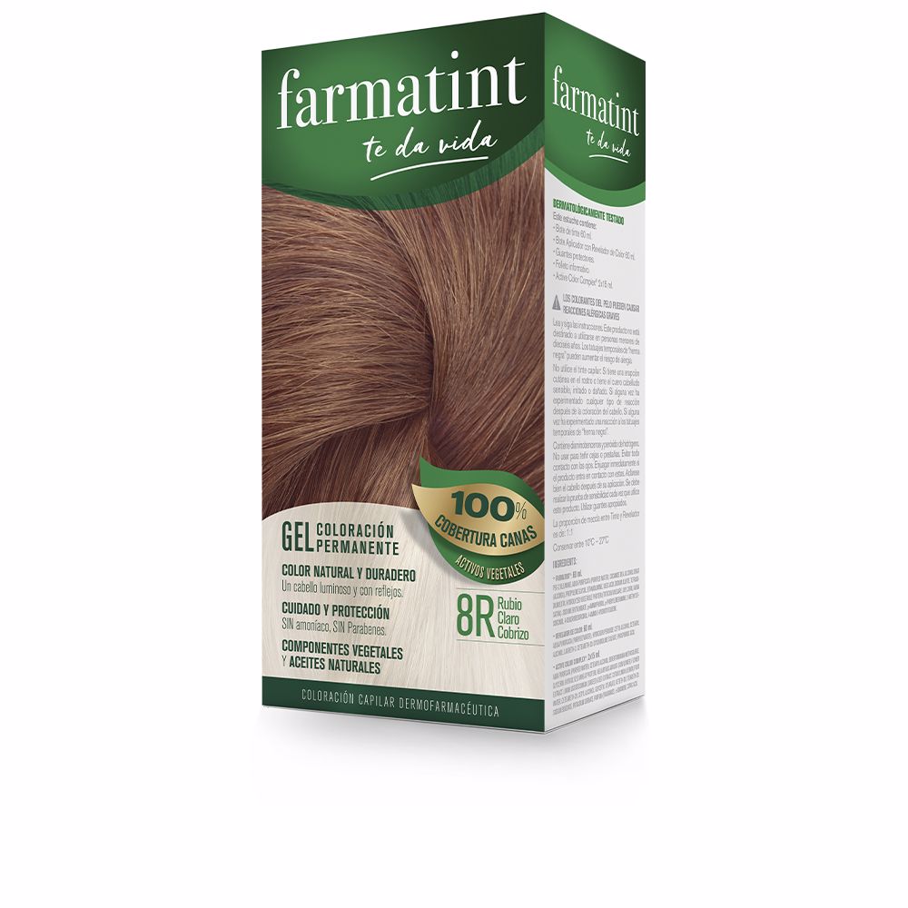 FarmatintGelHairColor8RLightCopperBlonde Box of Farmatint Gel Hair Color 8R Light Copper Blonde by Farmatint, a permanent gel indicated for covering gray hair.