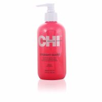 Bottle  of  Farouk  Chi  Straight  Guard  Smoothing  Styling  Cream  by  Farouk,  a  styling  cream  indicated  to  eliminate  frizz.