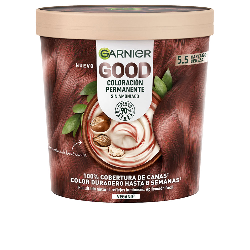 GarnierGoodPermanentHairColor5.5CherryBrown Box of Garnier Good Permanent Hair Color 5.5 Cherry Brown by Garnier, a hair color cream indicated for 100% gray hair coverage.