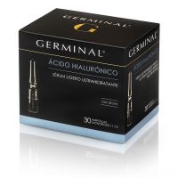 Box  of  Germinal  Hyaluronic  Acid  Ampoules  by  Germinal,  a  serum  indicated  for  deeply  hydrating  and  filling  wrinkles  from  the  inside.