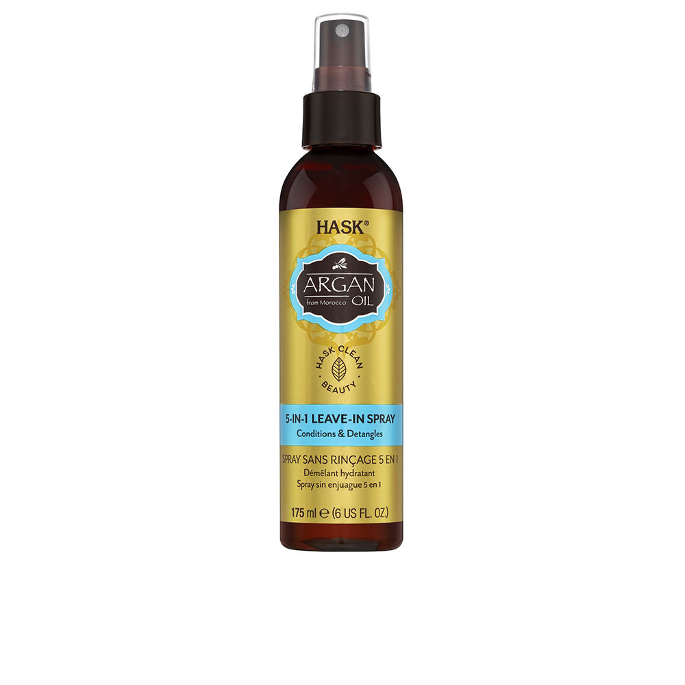 HaskArganOilRepairing5In1Leave-InConditioner177ml Spray of Hask Argan Oil Repairing 5 In 1 Leave-In Conditioner by Hask, a leave-in spray indicated for thermal protection.
