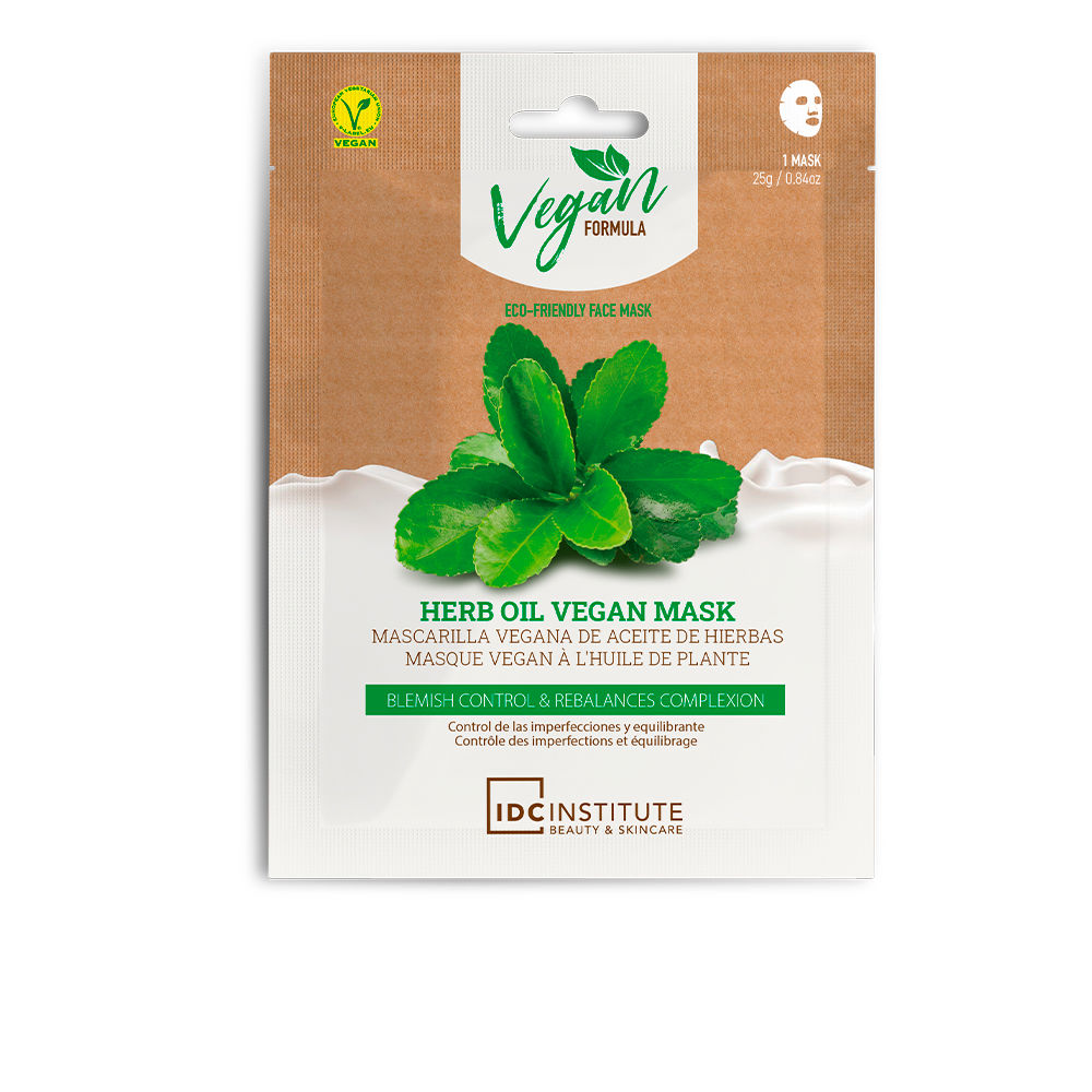 IdcInstituteVeganHerbalOilFacialMask25g Sachet of Idc Institute Vegan Herbal Oil Facial Mask by Idc Institute, a paper mask indicated for moisturizing and blemish control.