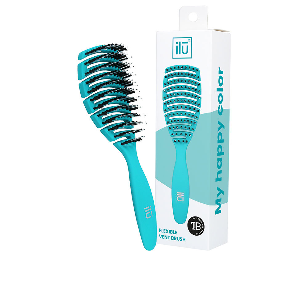 IlūFlexibleVentBrushColorOceanBlue Product container of Ilū Flexible Vent Brush by Ilū, a vented hair brush indicated for detangling and massaging the scalp.