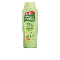 Bottle  of  Instituto  Español  Aloe  Vera  Shower  Gel,  a  gel  indicated  for  cleansing  and  soothing  dry  and  sensitive  skin.