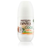 Bottle  of  Instituto  Español  Coconut  Antiperspirant  Roll-On  Deodorant,  a  roll-on  indicated  for  reducing  perspiration  and  body  odour.