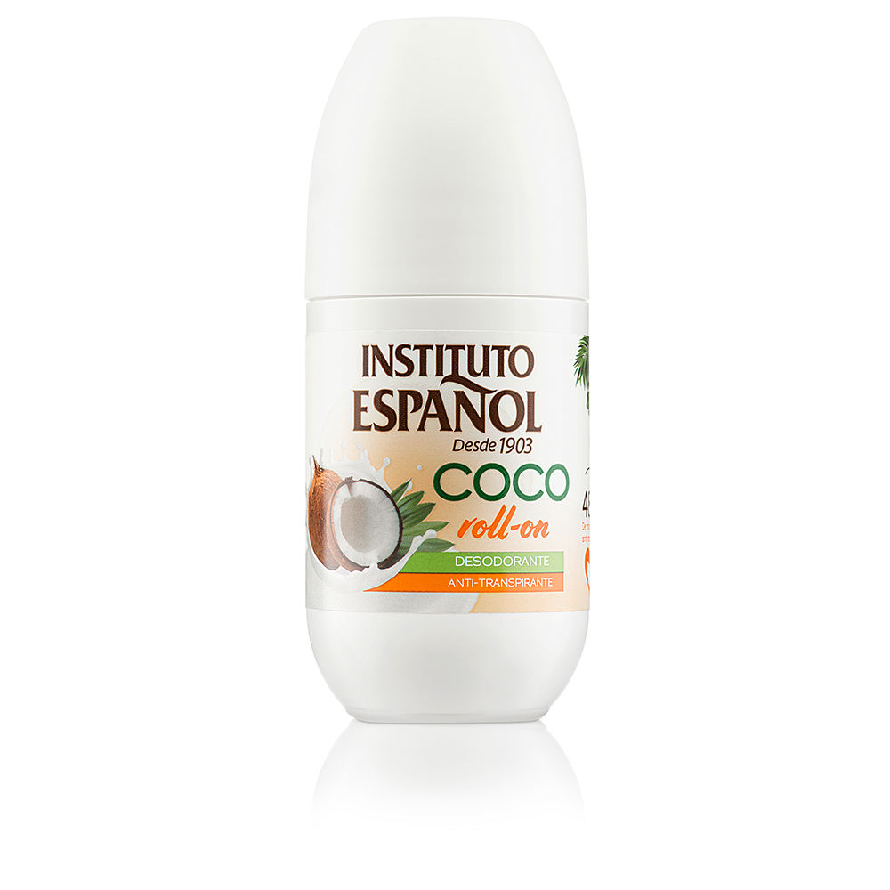 InstitutoEspañolCoconutAntiperspirantRoll-OnDeodorant75ml Bottle of Instituto Español Coconut Antiperspirant Roll-On Deodorant, a roll-on indicated for reducing perspiration and body odour.
