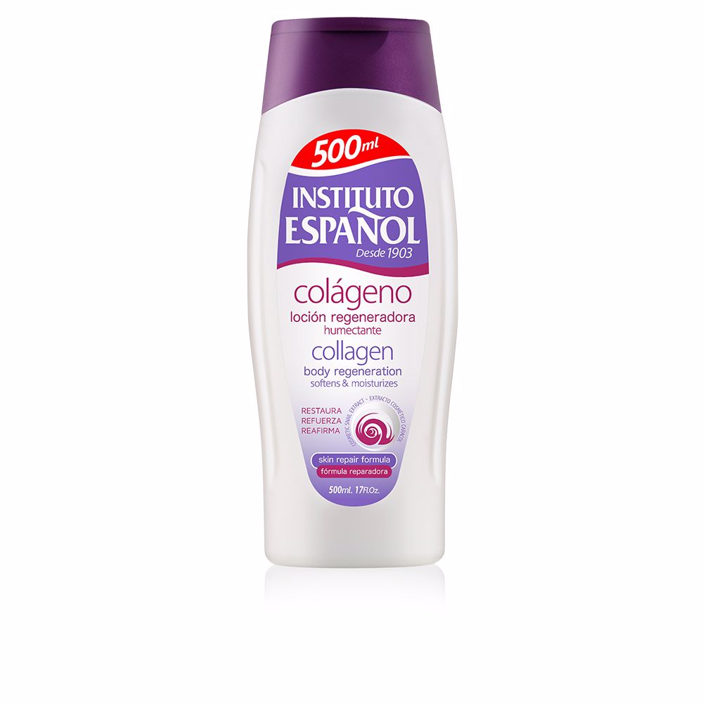 InstitutoEspañolCollagenBodyLotion500ml Bottle of Instituto Español Collagen Body Lotion, a milky lotion indicated for moisturizing and preventing body wrinkles.