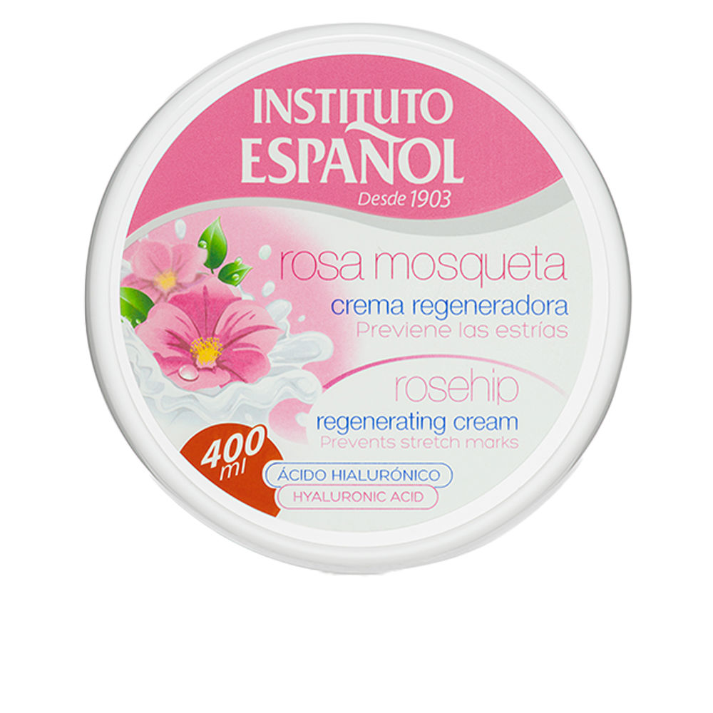 InstitutoEspañolRosehipRegeneratingCream400ml Jar of Instituto Español Rosehip Regenerating Cream, a body cream indicated for nourishing and increasing skin elasticity.