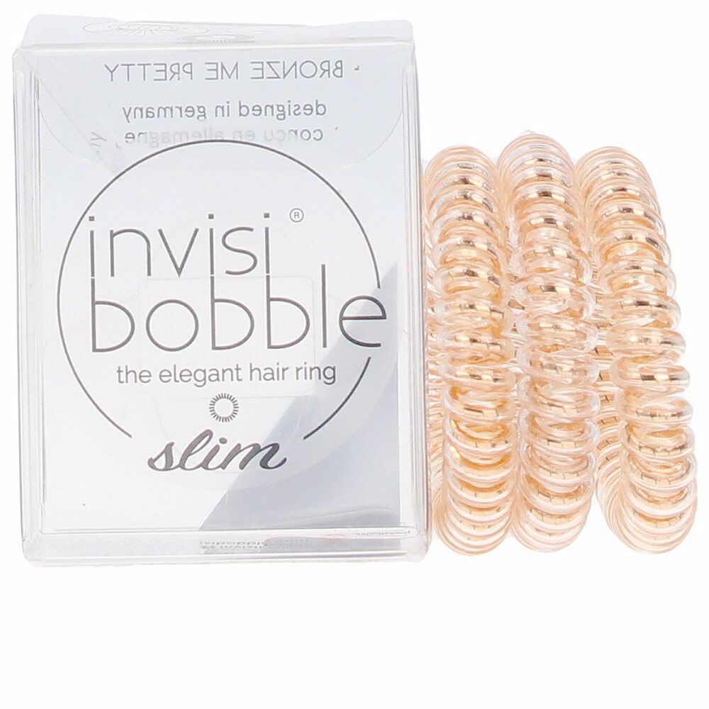 InvisibobbleSlimBronzeMePrettyx3 Product container of Invisibobble Slim Bronze Me Pretty by Invisibobble, a slim elastic indicated for securing hair without damage.