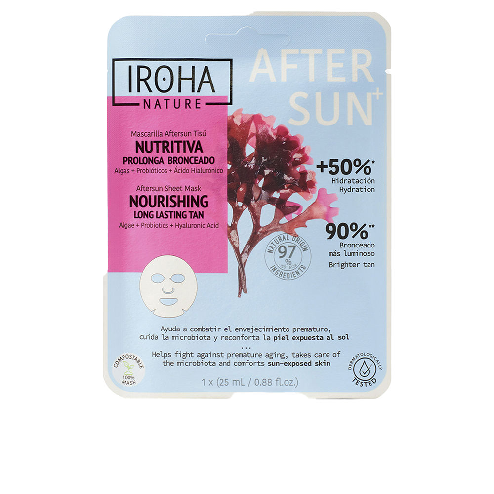 IrohaAlgaeNourishingLongLastingAftersunMask Sachet of Iroha Algae Nourishing Long Lasting Aftersun Mask by Iroha, a sheet mask indicated for aftersun hydration and tan prolonging.